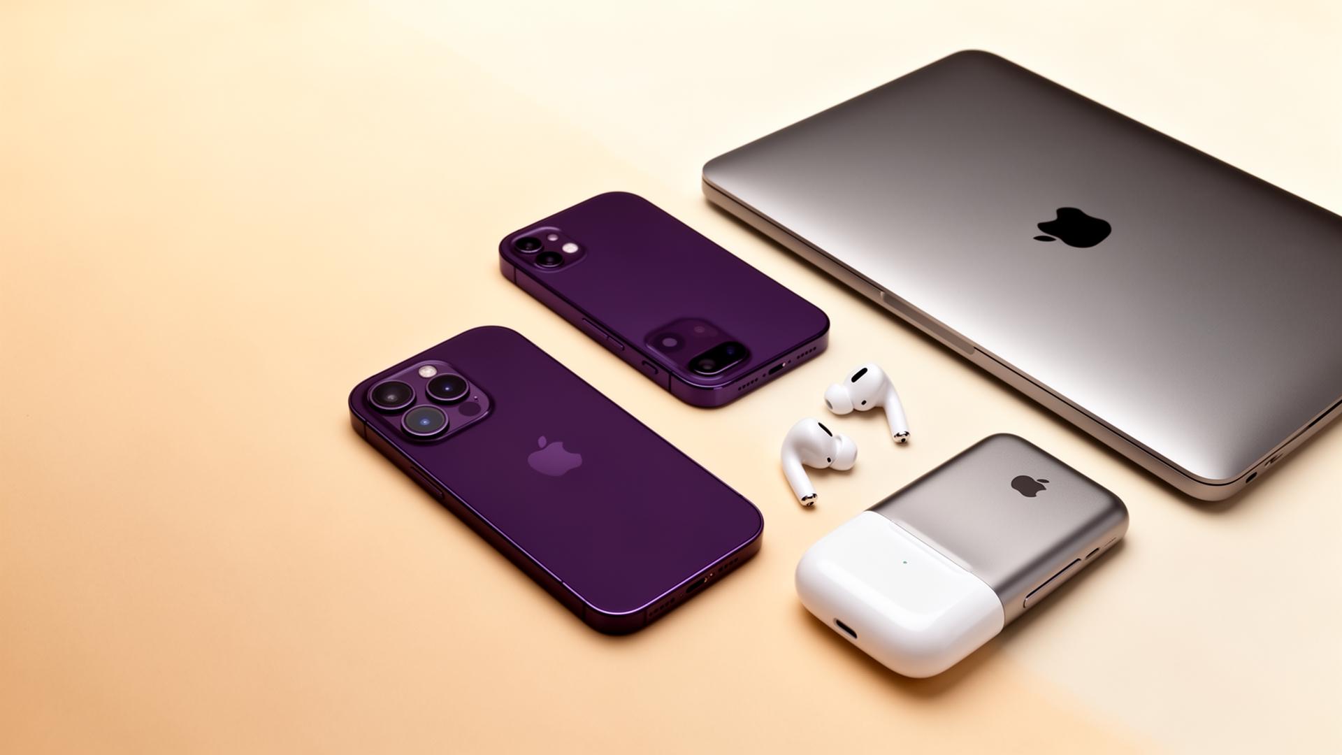iPhones, MacBook and AirPods on a warm gradient background